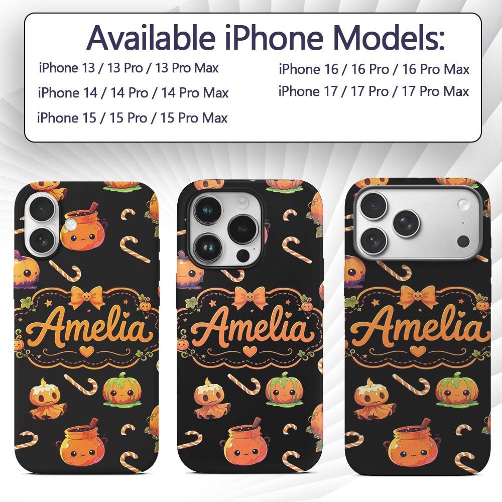 Cute Kawaii Halloween Pumpkin Printed Design Custom Name Protective Phone Case Mobile Cover Durable Everyday Smartphone Shock Resistant