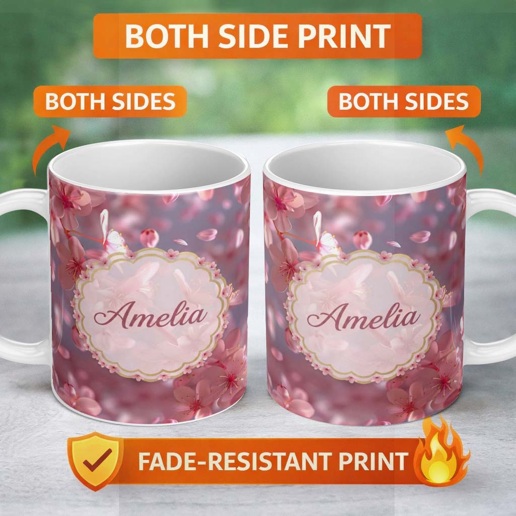 Personalized Custom Name Soft Pink Cherry Blossom Petals Floating in Air Pattern Romantic 11oz Ceramic Coffee Tea Mug White Large Handle
