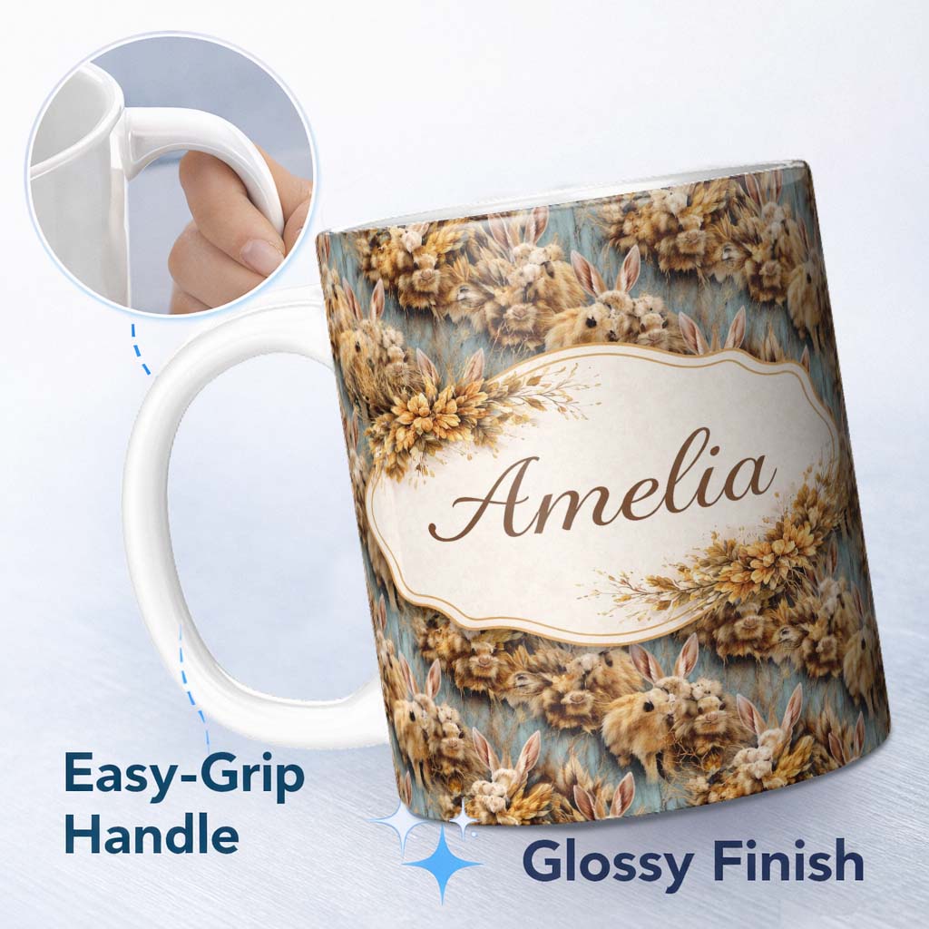 Personalized Custom Name Vintage Style Brown Rabbit Garden Illustration Seamless Pattern 11oz Ceramic Coffee Tea Mug White Large Handle