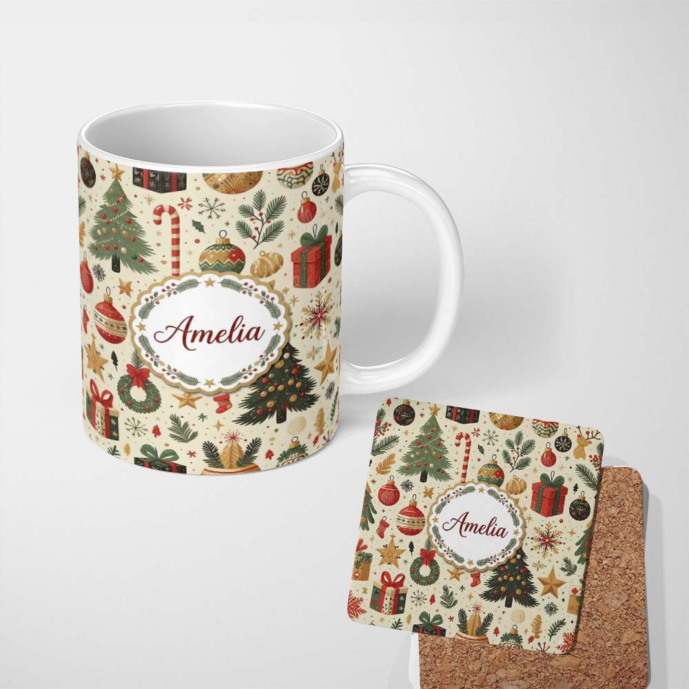 Personalized Custom Name Festive Christmas Ornament Candy Cane Tree Holiday Seamless Pattern 11oz Ceramic Coffee Tea Mug White Large Handle