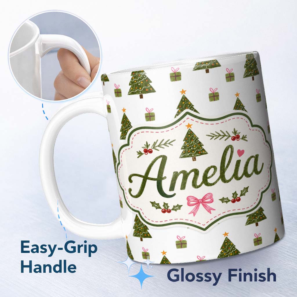 Personalized Custom Name Minimal Christmas Trees with Gifts and Stars Cute Seamless Pattern 11oz Ceramic Coffee Tea Mug White Large Handle
