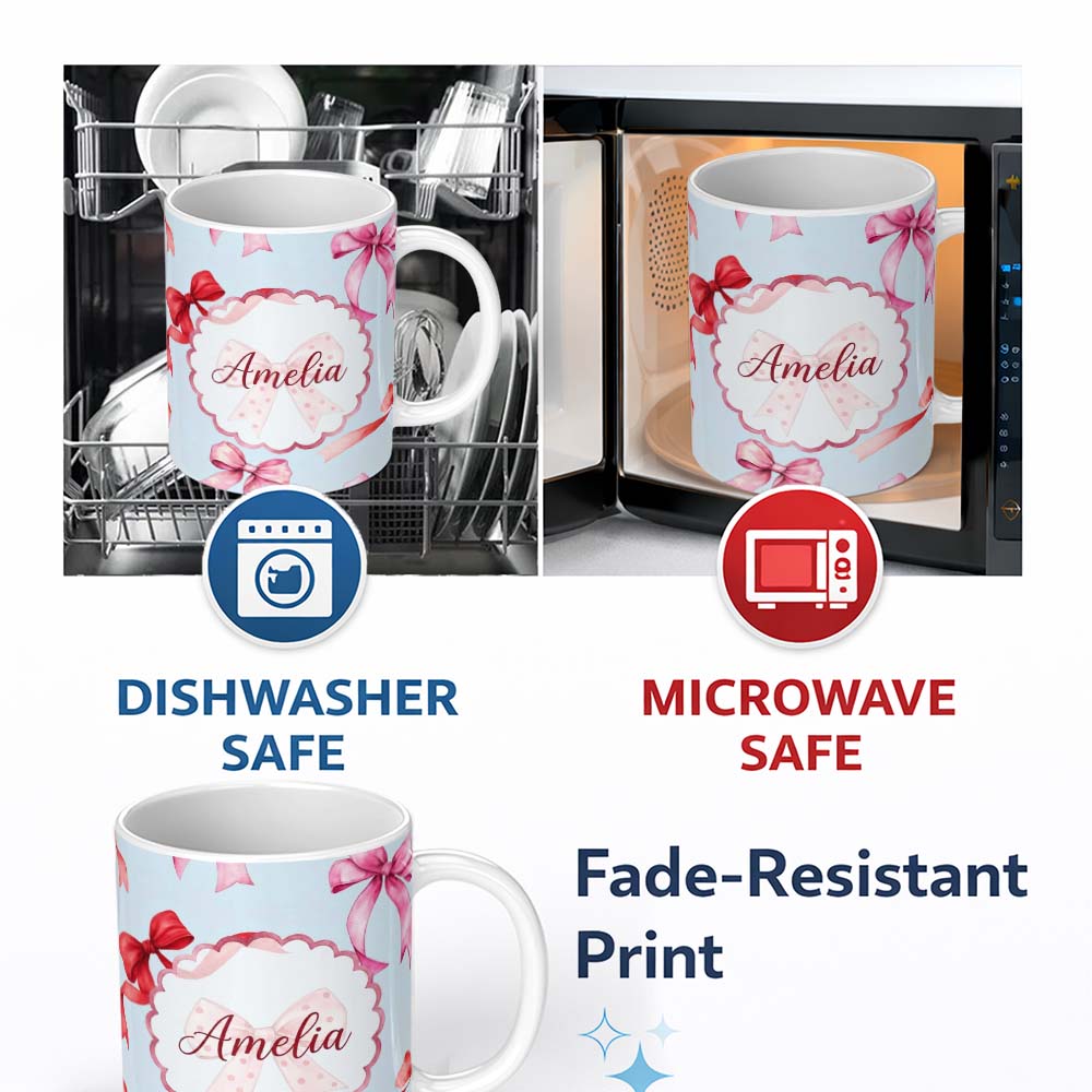 Personalized Custom Name Watercolor Red and Pink Ribbon Bows Soft Blue Background Cute Girly 11oz Ceramic Coffee Tea Mug White Large Handle