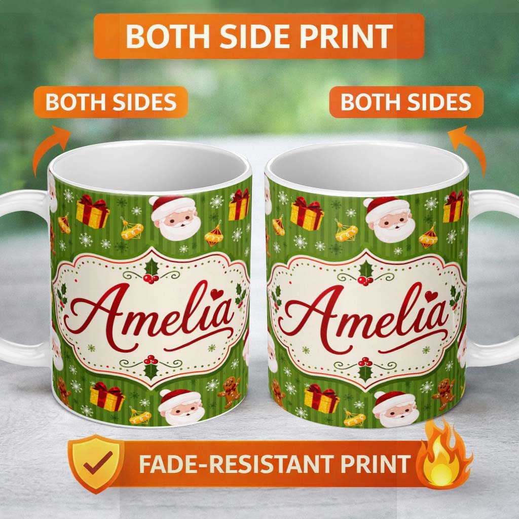 Personalized Custom Name Cute Santa Face Gift Drum Gingerbread Seamless Pattern Festive Xmas 11oz Ceramic Coffee Tea Mug White Large Handle