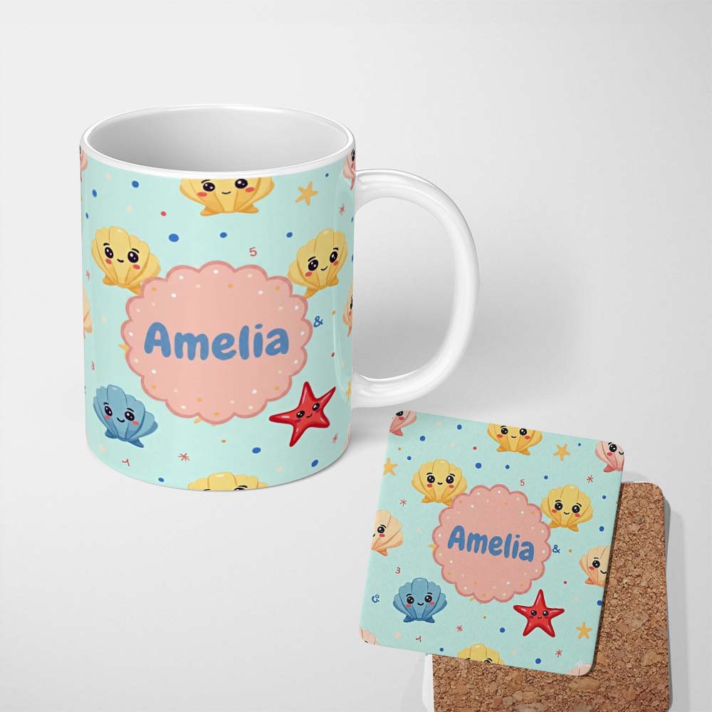 Personalized Custom Name Cute Kawaii Seashells Starfish Ocean Beach Fun Seamless Pattern 11oz Ceramic Coffee Tea Mug White Large Handle
