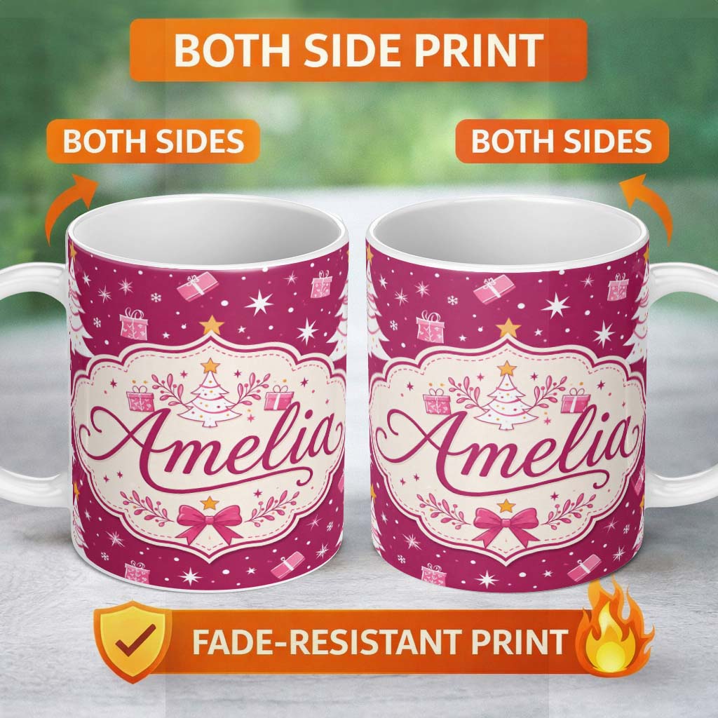Personalized Custom Name White Christmas Tree Stars Gift Pink Background Seamless Pattern 11oz Ceramic Coffee Tea Mug White Large Handle