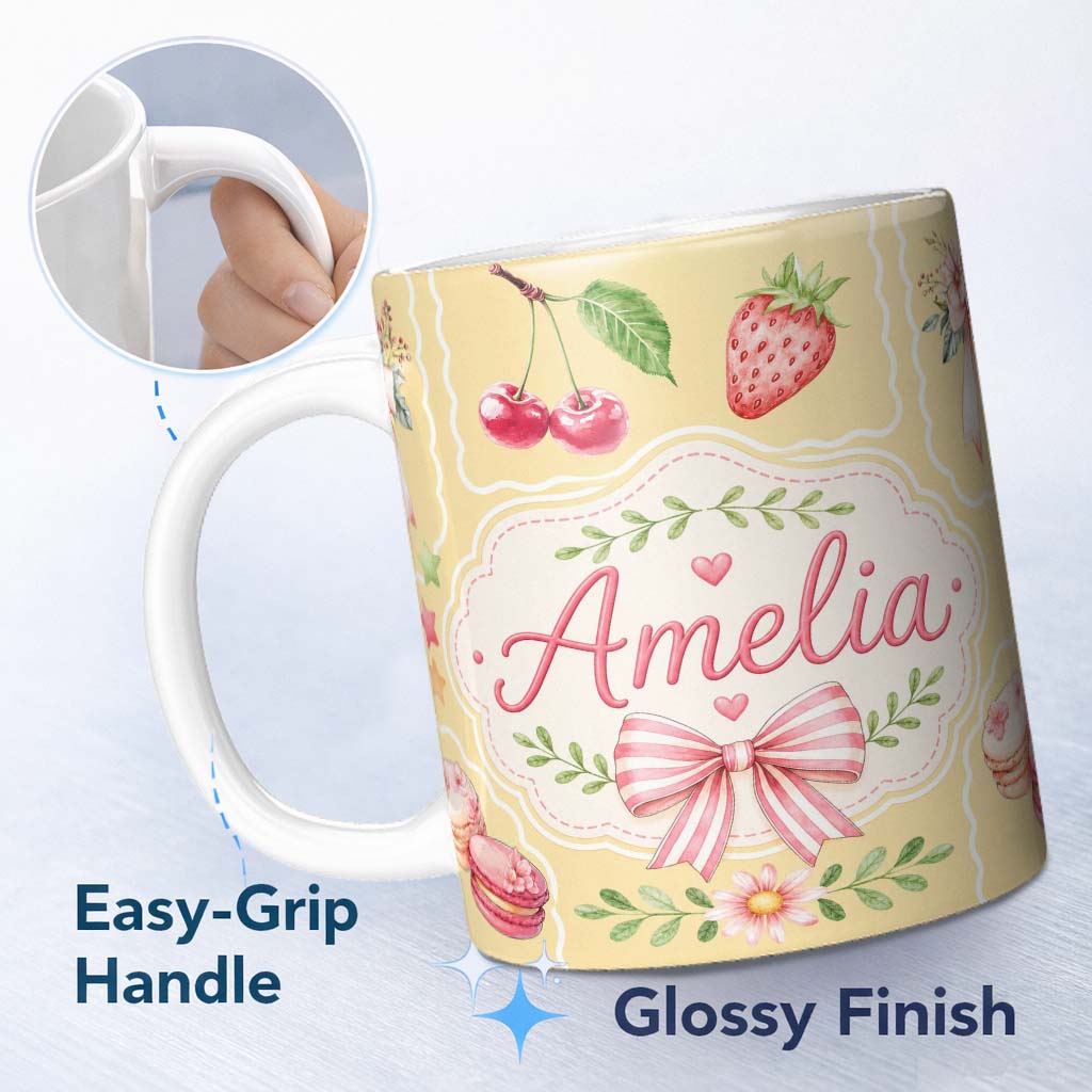 Personalized Custom Name Cute Strawberry Cherry Ribbon Bow Sweet Dessert Pattern Yellow 11oz Ceramic Coffee Tea Mug White Large Handle