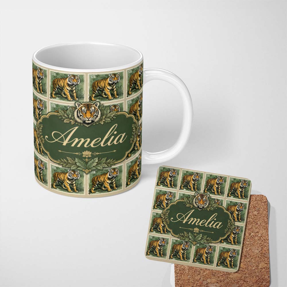 Personalized Custom Name Classic Tiger Full Body Stamp Design Seamless Pattern Lovely 11oz Ceramic Coffee Tea Mug White Large Handle