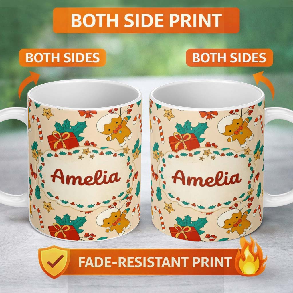 Personalized Custom Name Cute Gingerbread Candy Cane Gift Seamless Pattern Design Sweet 11oz Ceramic Coffee Tea Mug White Large Handle