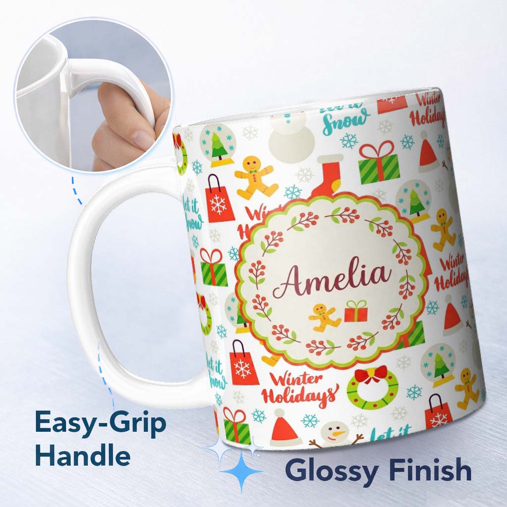 Personalized Custom Name Winter Holidays Snowman Gingerbread Gifts Festive Text Seamless 11oz Ceramic Coffee Tea Mug White Large Handle