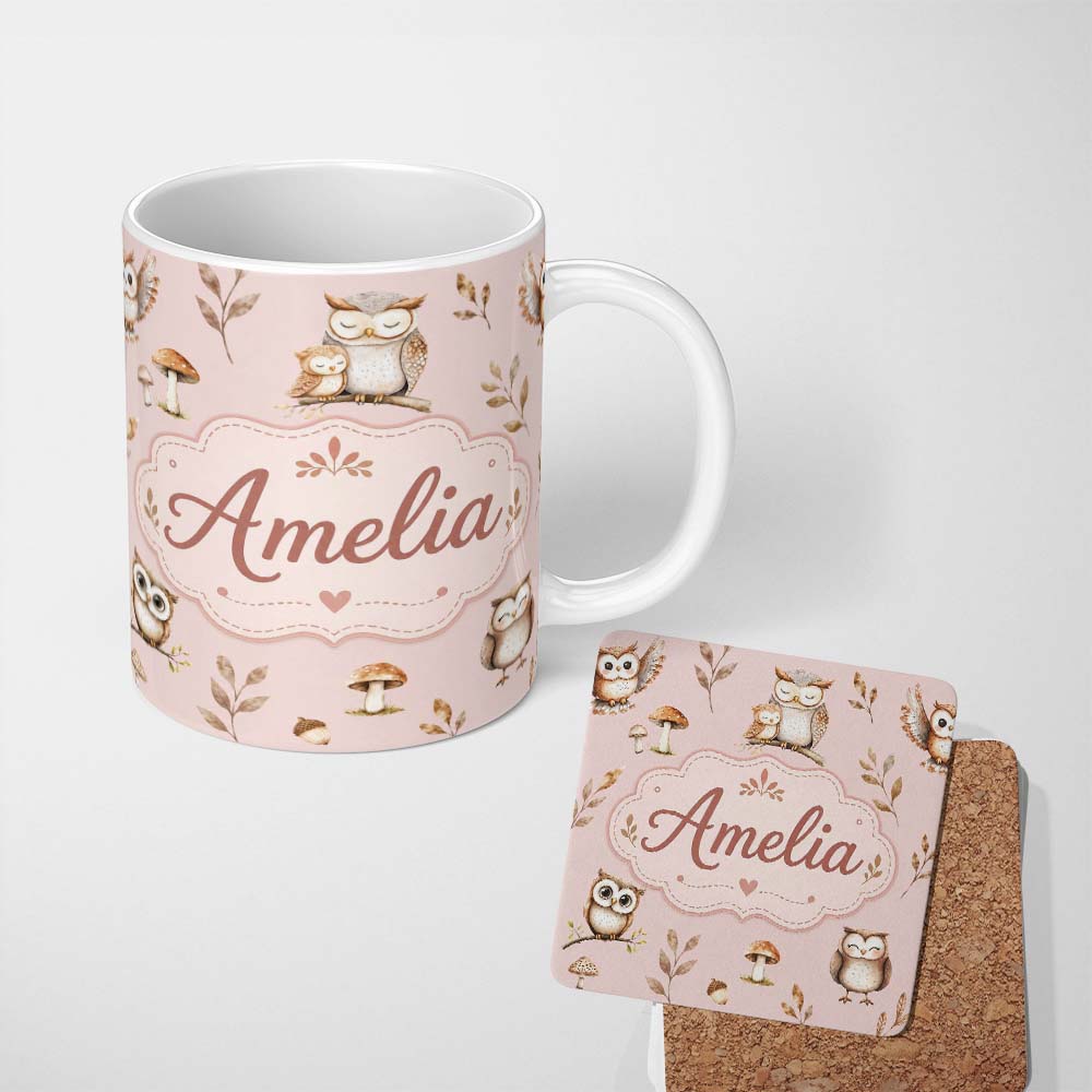 Personalized Custom Name Cute Woodland Owls Mushrooms and Leaves Soft Blush Pink Background 11oz Ceramic Coffee Tea Mug White Large Handle