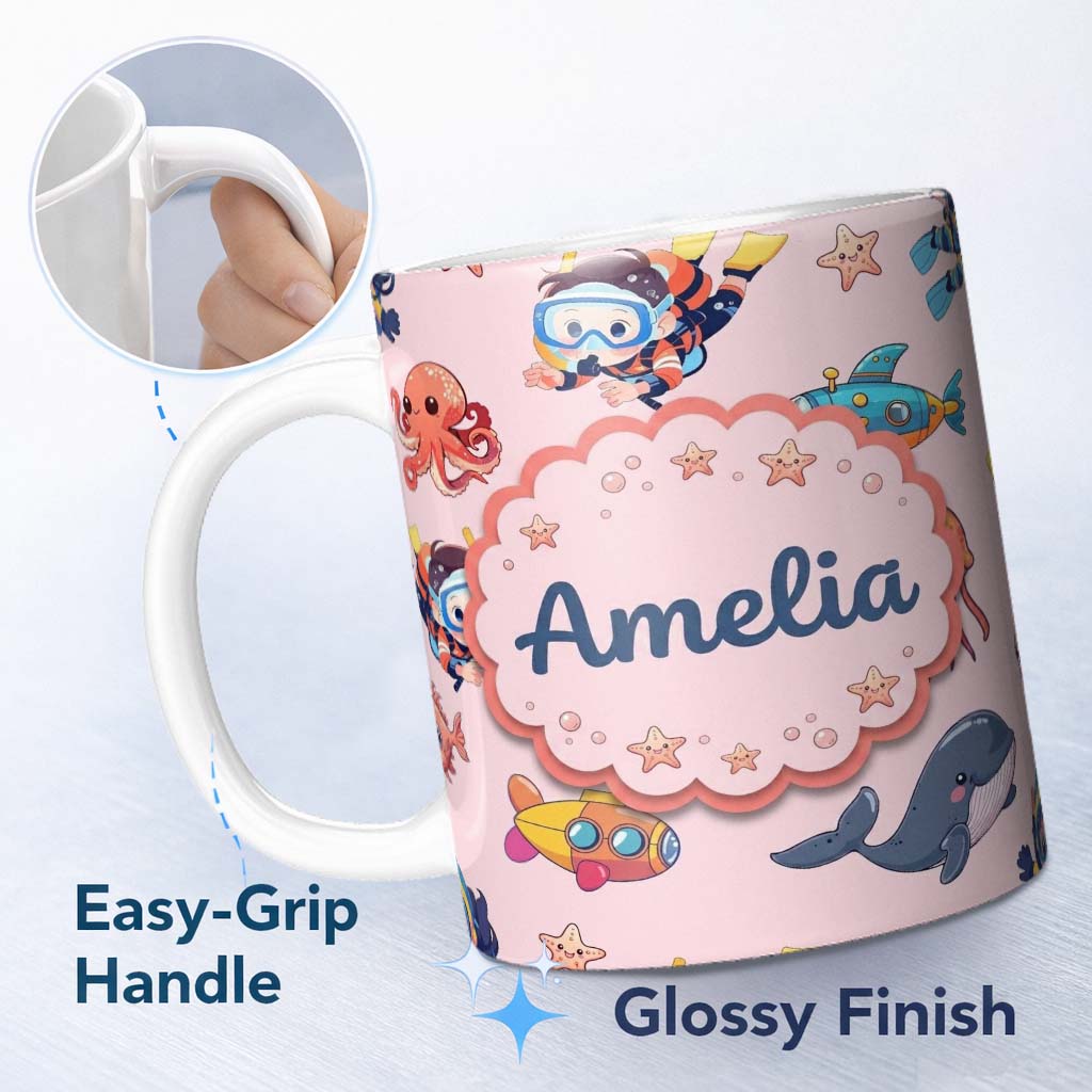 Personalized Custom Name Kids Scuba Divers Submarine Jellyfish Ocean Animals Soft Pink Lovely 11oz Ceramic Coffee Tea Mug White Large Handle