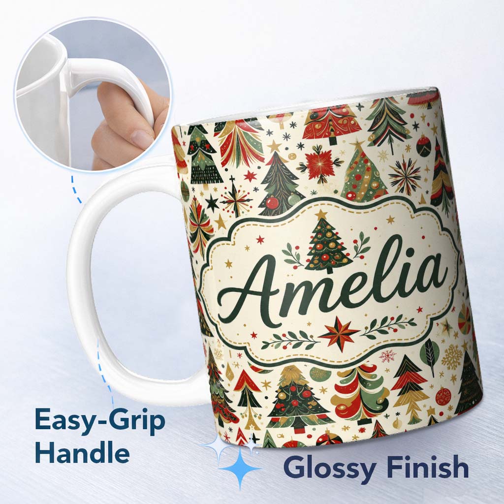 Personalized Custom Name Ornate Christmas Trees Red Green Gold Baubles Festive Seamless 11oz Ceramic Coffee Tea Mug White Large Handle