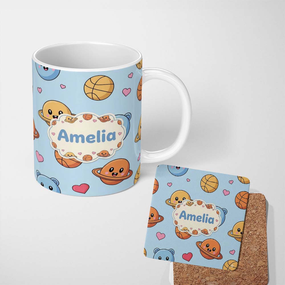 Personalized Custom Name Cute Kawaii Planets Basketball Hearts Fun Space Seamless Pattern 11oz Ceramic Coffee Tea Mug White Large Handle