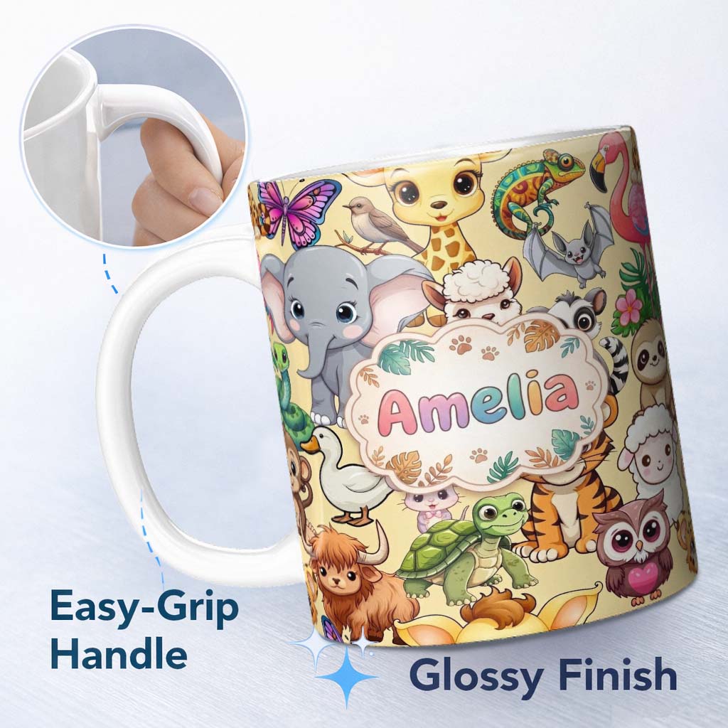 Personalized Custom Name Cute Baby Safari Jungle Animals Seamless Pattern Cute Unique Gift 11oz Ceramic Coffee Tea Mug White Large Handle
