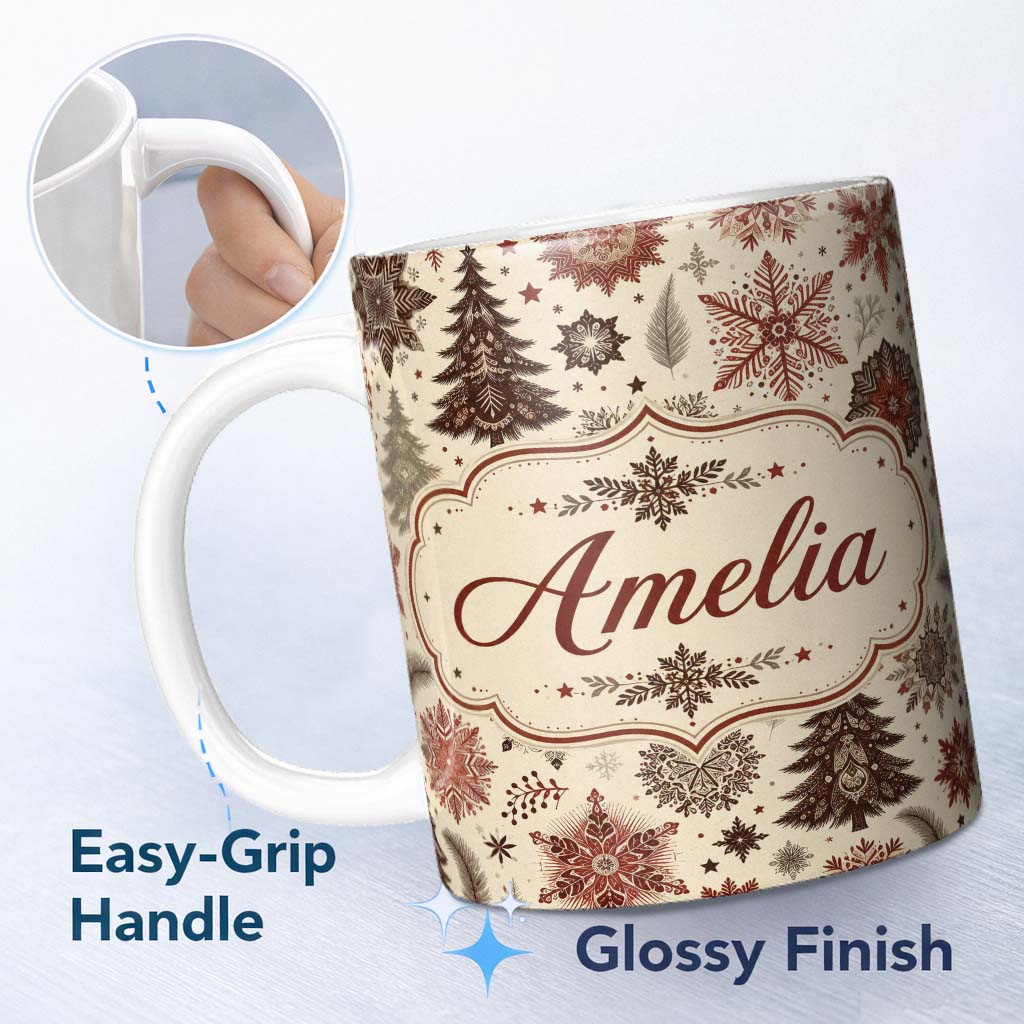 Personalized Custom Name Elegant Snowflake Winter Pattern Pine Trees Red Neutral Seamless 11oz Ceramic Coffee Tea Mug White Large Handle