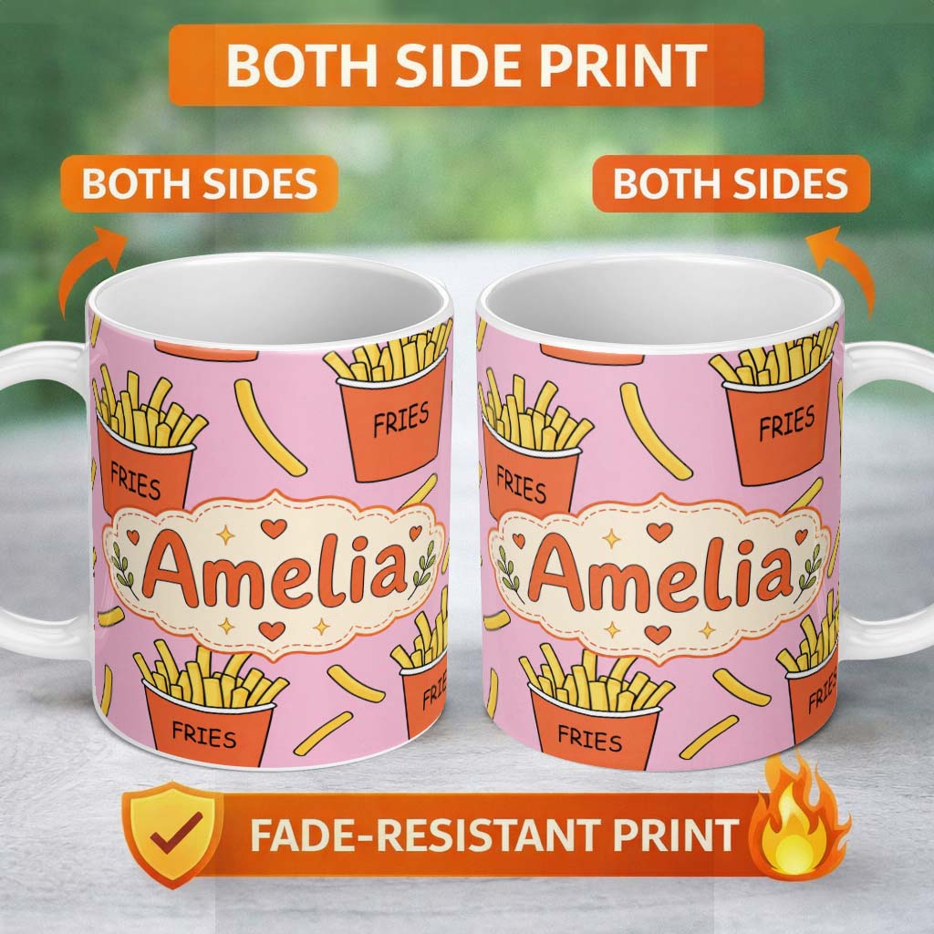 Personalized Custom Name Cute French Fries Cartoon Snack Food Soft Pink Background Seamless 11oz Ceramic Coffee Tea Mug White Large Handle