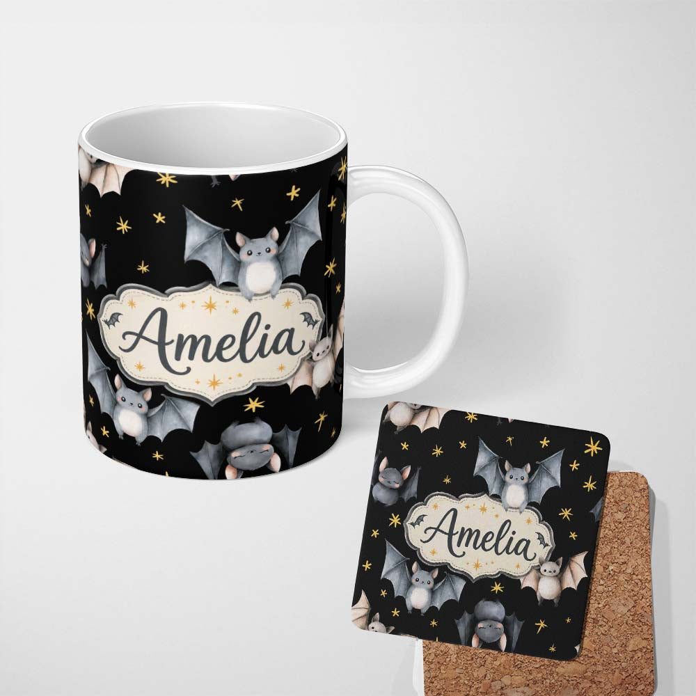 Personalized Custom Name Cute Baby Bats with Stars Night Sky Black Background Seamless 11oz Ceramic Coffee Tea Mug White Large Handle