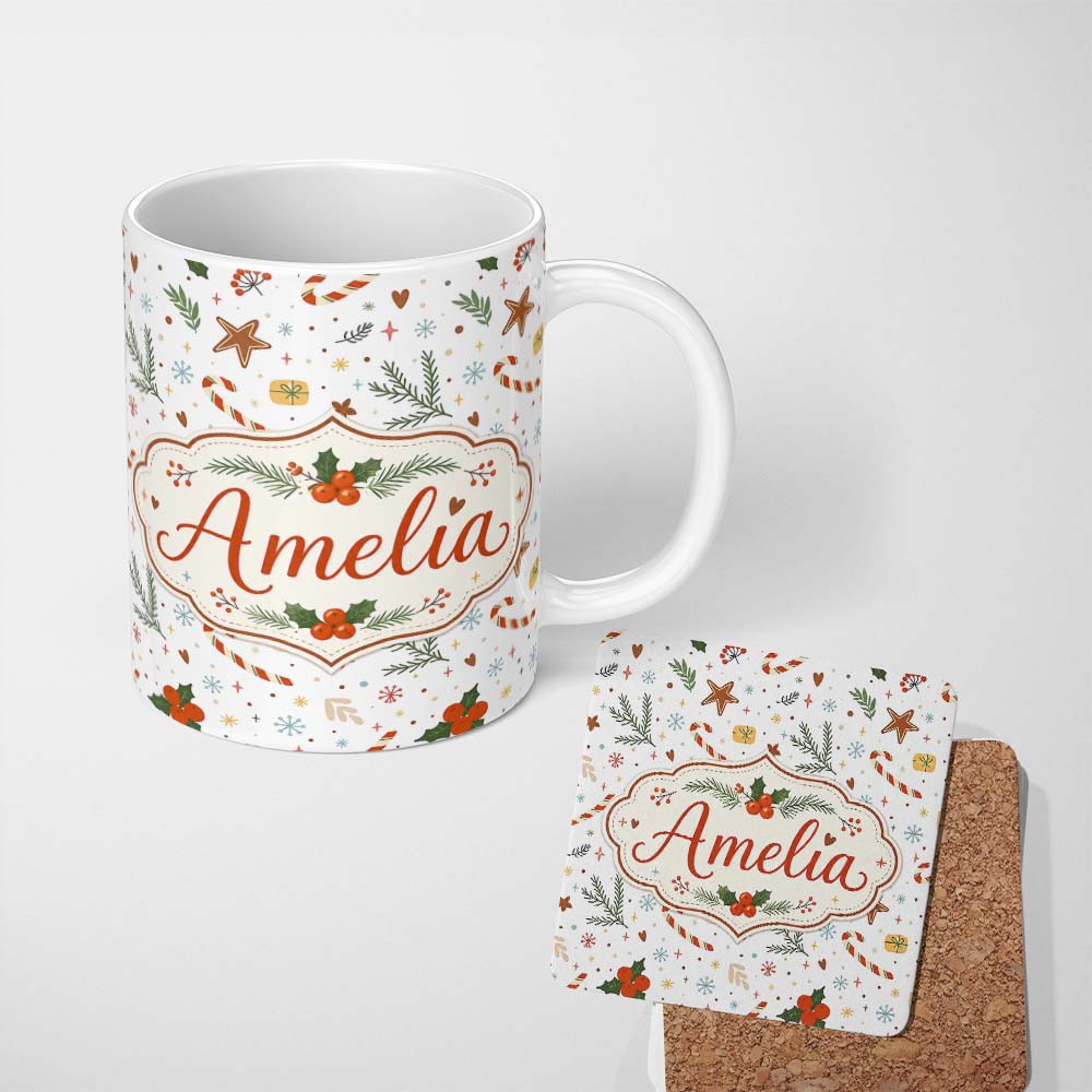 Personalized Custom Name Minimal Christmas Candy Cane Holly Leaves Seamless Pattern Lovely 11oz Ceramic Coffee Tea Mug White Large Handle