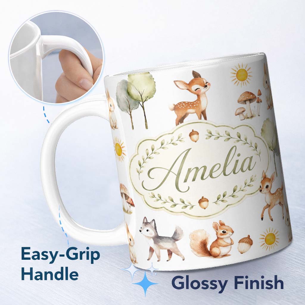 Personalized Custom Name Cute Woodland Forest Animals Bear Bunny Deer Seamless on Blue Lovely 11oz Ceramic Coffee Tea Mug White Large Handle