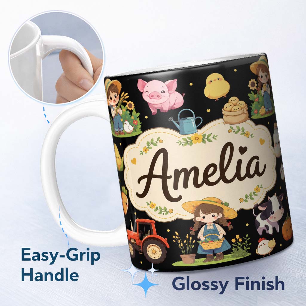 Personalized Custom Name Cute Farm Animals Girl Pig Cow Chicken Black Background Seamless 11oz Ceramic Coffee Tea Mug White Large Handle
