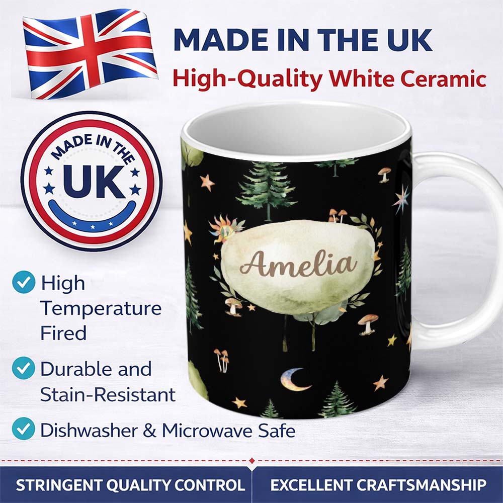 Personalized Custom Name Watercolour Forest Trees Mushrooms Sun Moon and Stars Woodland 11oz Ceramic Coffee Tea Mug White Large Handle
