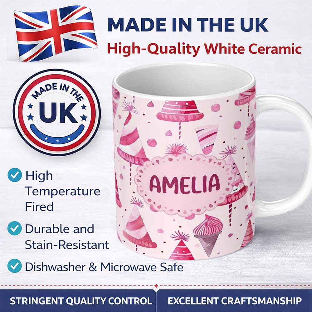 Personalized Custom Name Cute Pink Party Hat Sweet Treat Festive Seamless Pattern Lovely 11oz Ceramic Coffee Tea Mug White Large Handle