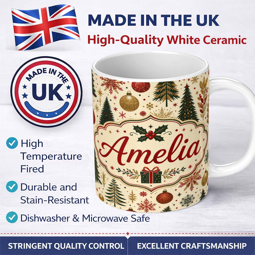 Personalized Custom Name Elegant Christmas Tree Snowflake Bauble Festive Seamless Pattern 11oz Ceramic Coffee Tea Mug White Large Handle