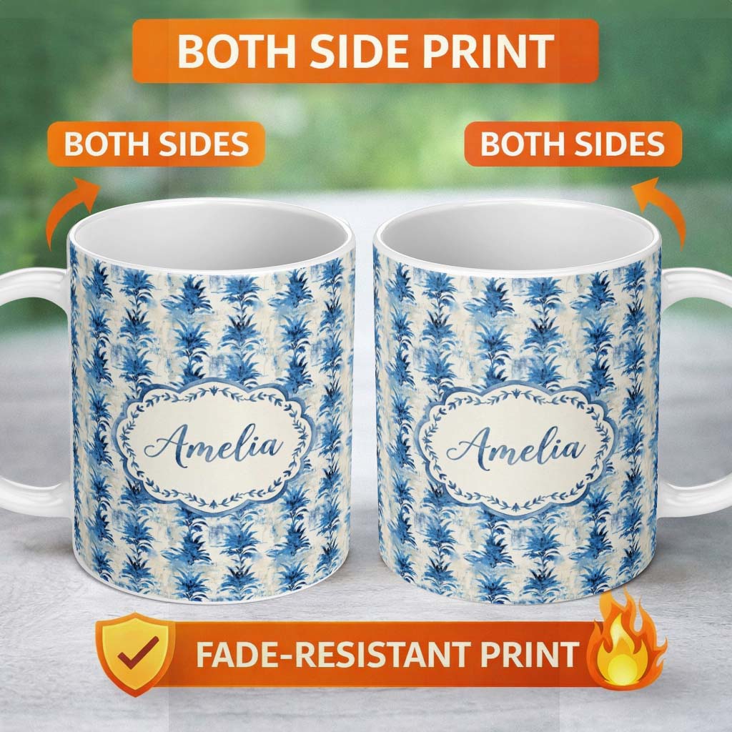 Personalized Custom Name Blue Tropical Leaf Watercolor Botanical Seamless Pattern Lovely 11oz Ceramic Coffee Tea Mug White Large Handle