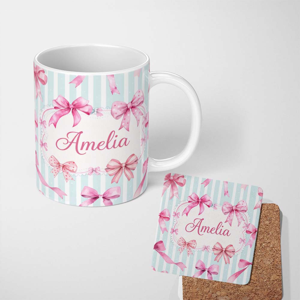 Personalized Custom Name Watercolor Pink Ribbon Bow Seamless Pattern with Soft Blue Stripes 11oz Ceramic Coffee Tea Mug White Large Handle