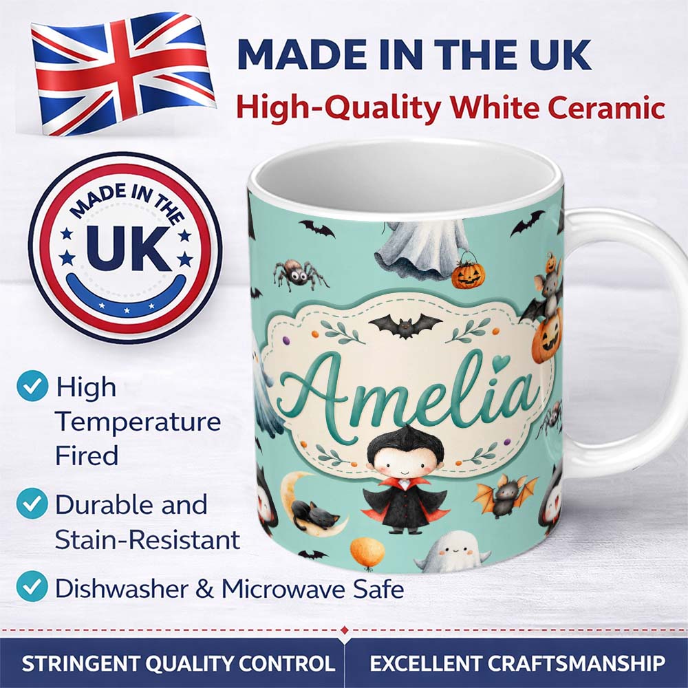 Personalized Custom Name Halloween Vampire Ghost Bats Spooky Characters Mint Green Seamless 11oz Ceramic Coffee Tea Mug White Large Handle
