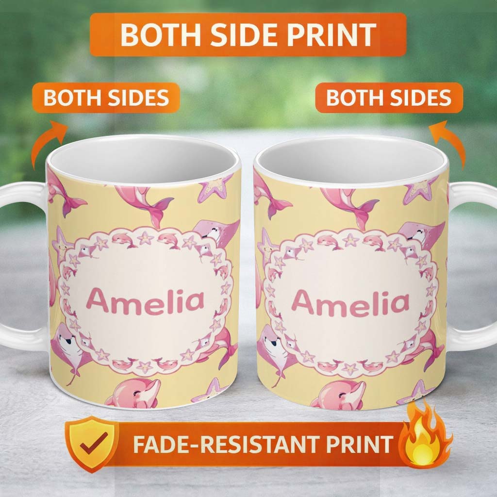 Personalized Custom Name Cute Pink Dolphin Stingray Starfish Ocean Creatures Yellow Lovely 11oz Ceramic Coffee Tea Mug White Large Handle