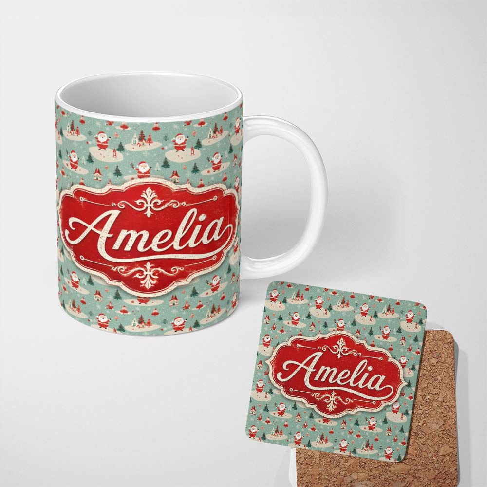 Personalized Custom Name Santa Village Trees Houses Snowy Landscape Christmas Festive Scene 11oz Ceramic Coffee Tea Mug White Large Handle