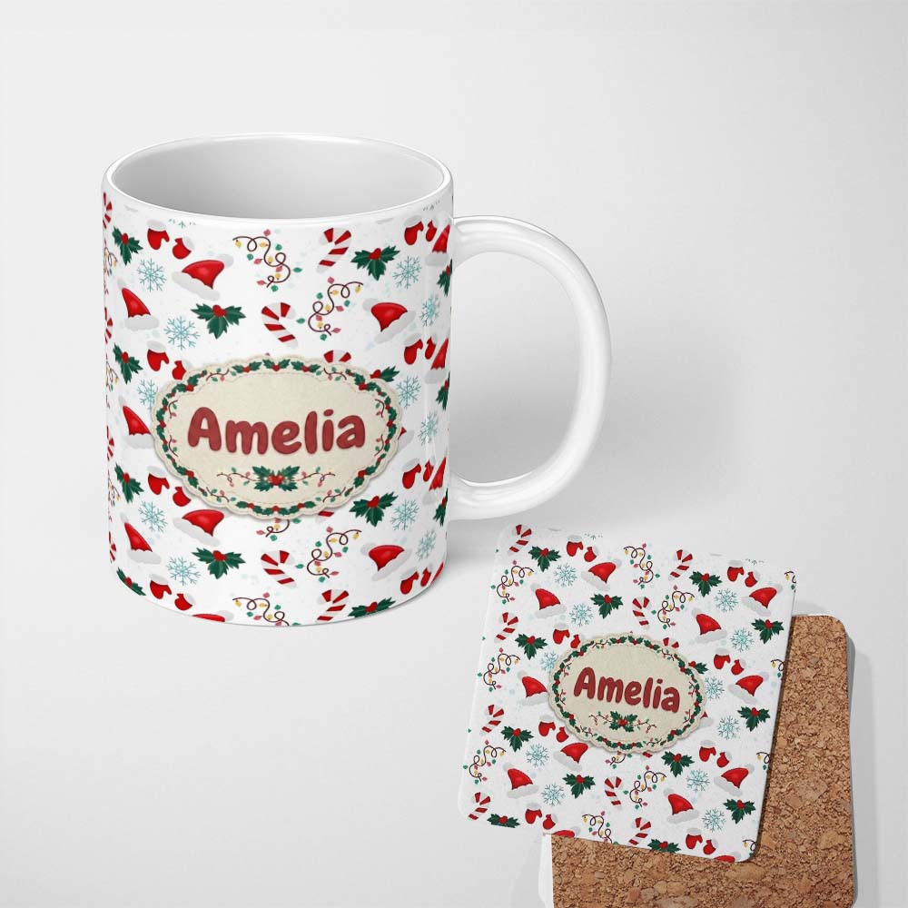Personalized Custom Name Christmas Hat Mittens Candy Cane Holly Snowflake Seamless Pattern 11oz Ceramic Coffee Tea Mug White Large Handle