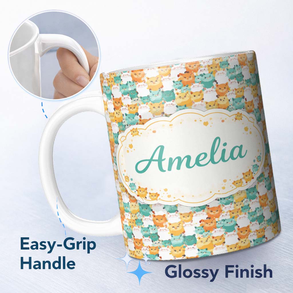 Personalized Custom Name Colorful Hamster Crowd Cartoon Seamless Pattern Perfect Gift for Her 11oz Ceramic Coffee Tea Mug White Large Handle