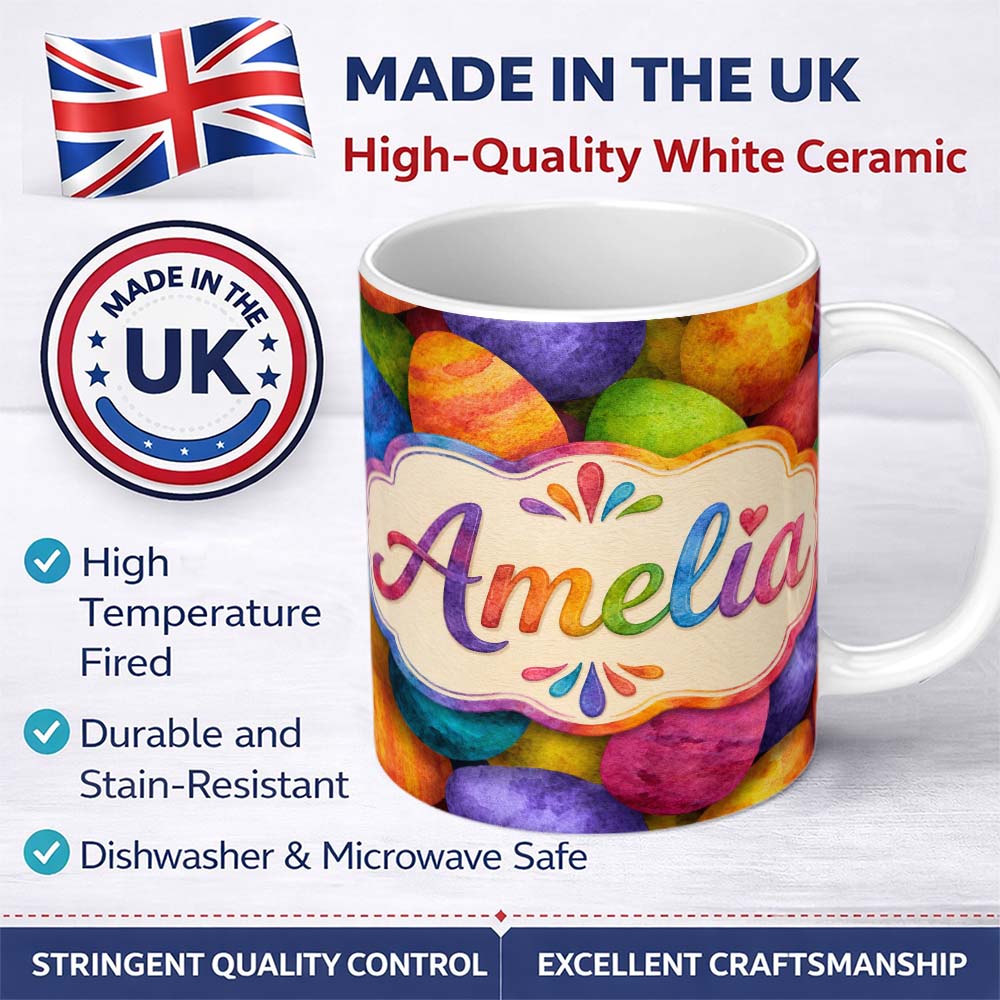 Personalized Custom Name Bright Watercolour Easter Egg Pattern in Vibrant Multicolour Tones 11oz Ceramic Coffee Tea Mug White Large Handle