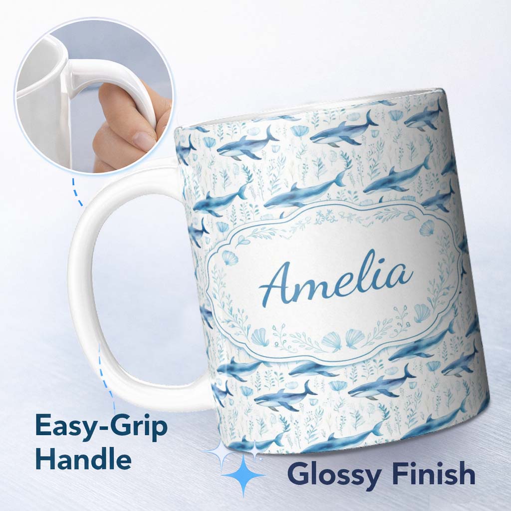 Personalized Custom Name Watercolor Blue Dolphin Seaweed Seamless Pattern Marine Ocean Design 11oz Ceramic Coffee Tea Mug White Large Handle