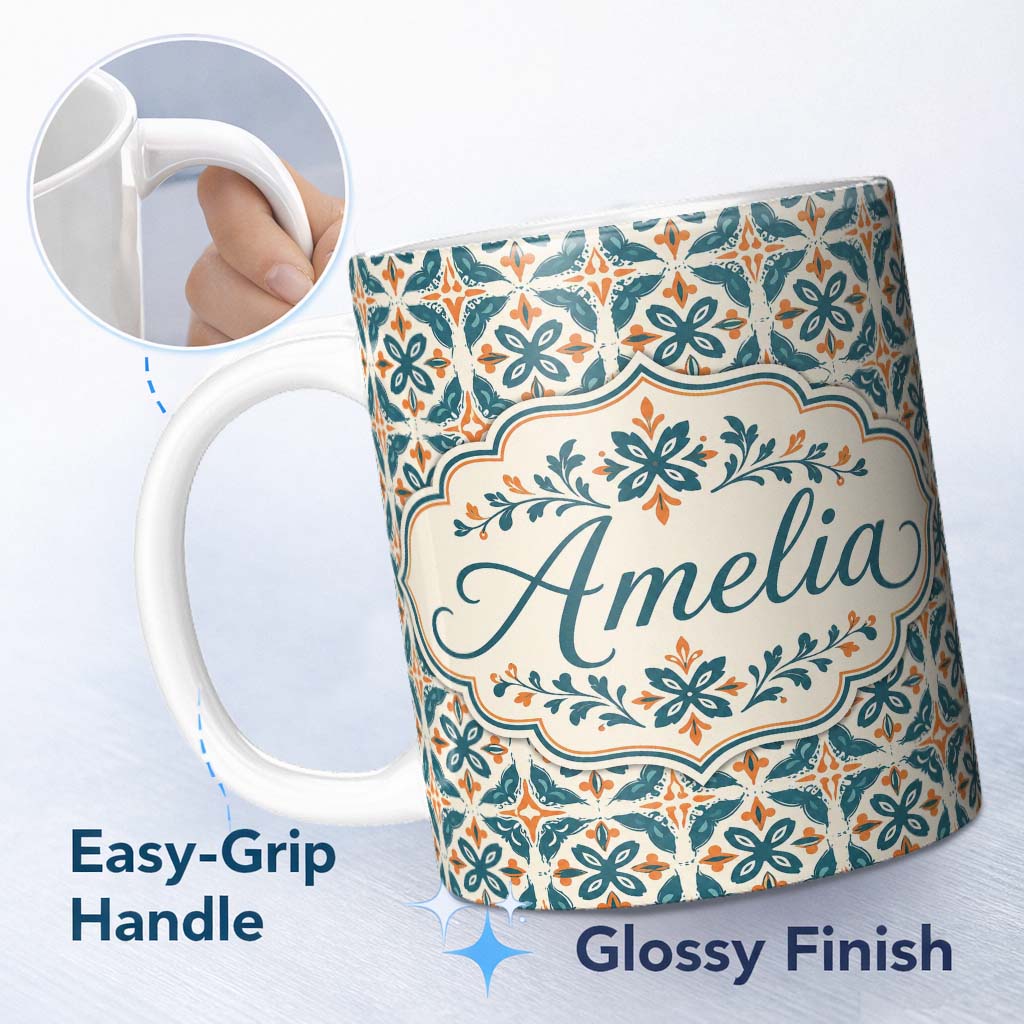 Personalized Custom Name Geometric Floral Tile Pattern in Teal and Burnt Orange on Neutral 11oz Ceramic Coffee Tea Mug White Large Handle