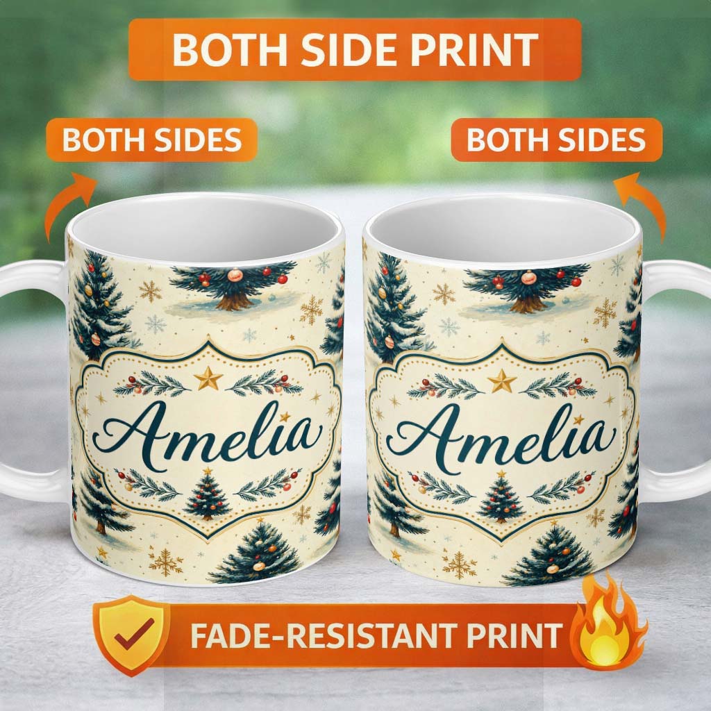 Personalized Custom Name Watercolor Snowy Christmas Trees with Golden Snowflakes Seamless 11oz Ceramic Coffee Tea Mug White Large Handle