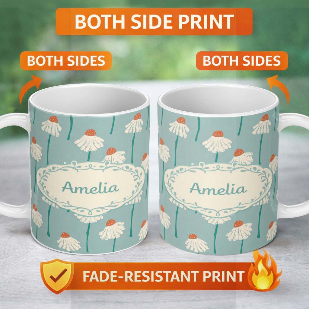 Personalized Custom Name Tropical Floral With Red Top Seamless Pattern Thoughtful Gift Idea 11oz Ceramic Coffee Tea Mug White Large Handle