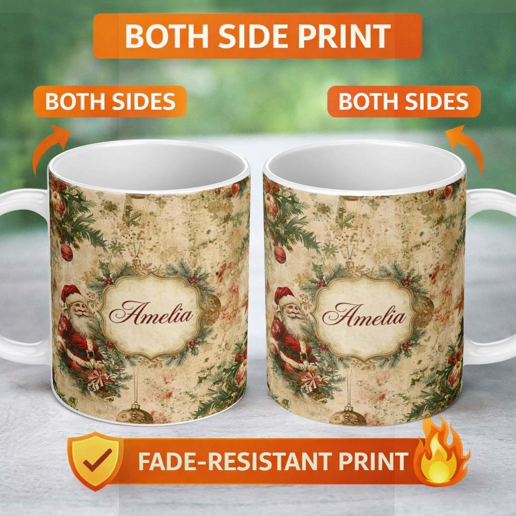 Personalized Custom Name Rustic Vintage Santa Pine Branch Ornament Seamless Pattern Lovely 11oz Ceramic Coffee Tea Mug White Large Handle