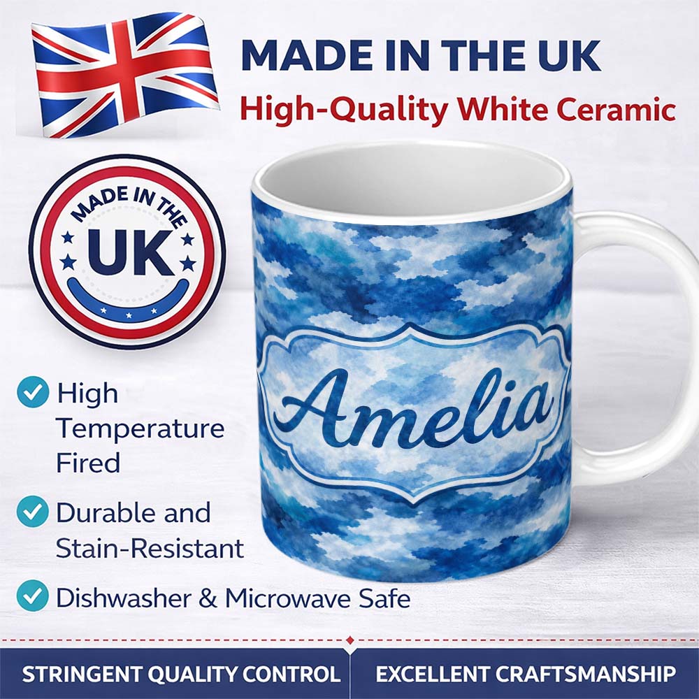 Personalized Custom Name Watercolor Blue Camouflage Artistic Seamless Pattern Lovely 11oz Ceramic Coffee Tea Mug White Large Handle