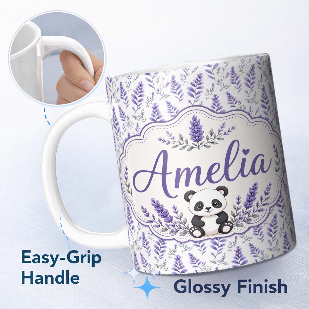 Personalized Custom Name Minimal Lavender Leaf and Stem Repeat in Soft Purple Tones Lovely 11oz Ceramic Coffee Tea Mug White Large Handle