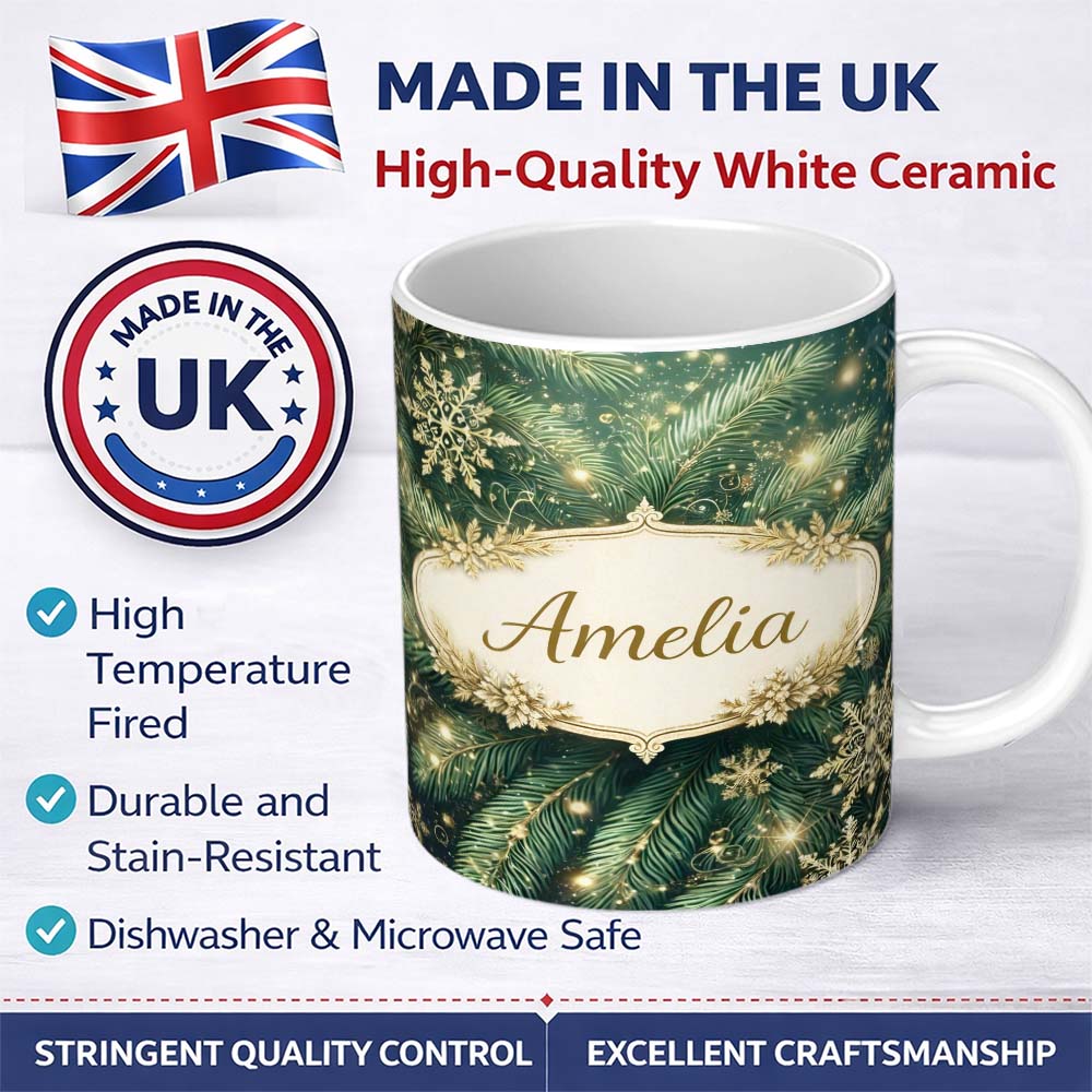 Personalized Custom Name Festive Green Pine and Snowflake Decorative Seamless Pattern Lovely 11oz Ceramic Coffee Tea Mug White Large Handle