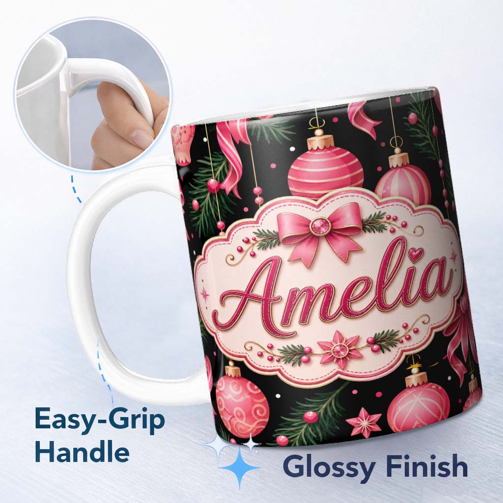 Personalized Custom Name Elegant Pink Christmas Ornament Ribbon Dark Seamless Pattern Lovely 11oz Ceramic Coffee Tea Mug White Large Handle