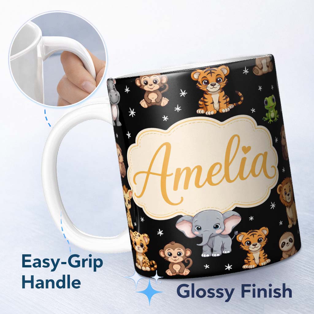 Personalized Custom Name Cute Jungle Baby Animals Lion Tiger Elephant Giraffe Pattern Black 11oz Ceramic Coffee Tea Mug White Large Handle