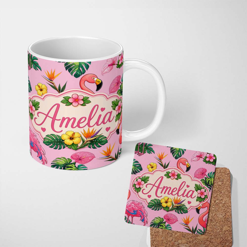 Personalized Custom Name Tropical Flamingo with Hibiscus Flowers and Leaves Blush Pink Lovely 11oz Ceramic Coffee Tea Mug White Large Handle
