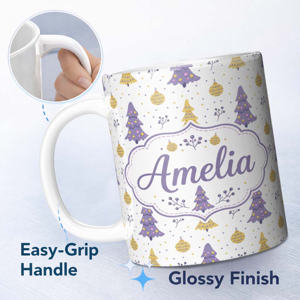 Personalized Custom Name Pastel Christmas Trees Ornaments Soft Purple Yellow Seamless Pattern 11oz Ceramic Coffee Tea Mug White Large Handle