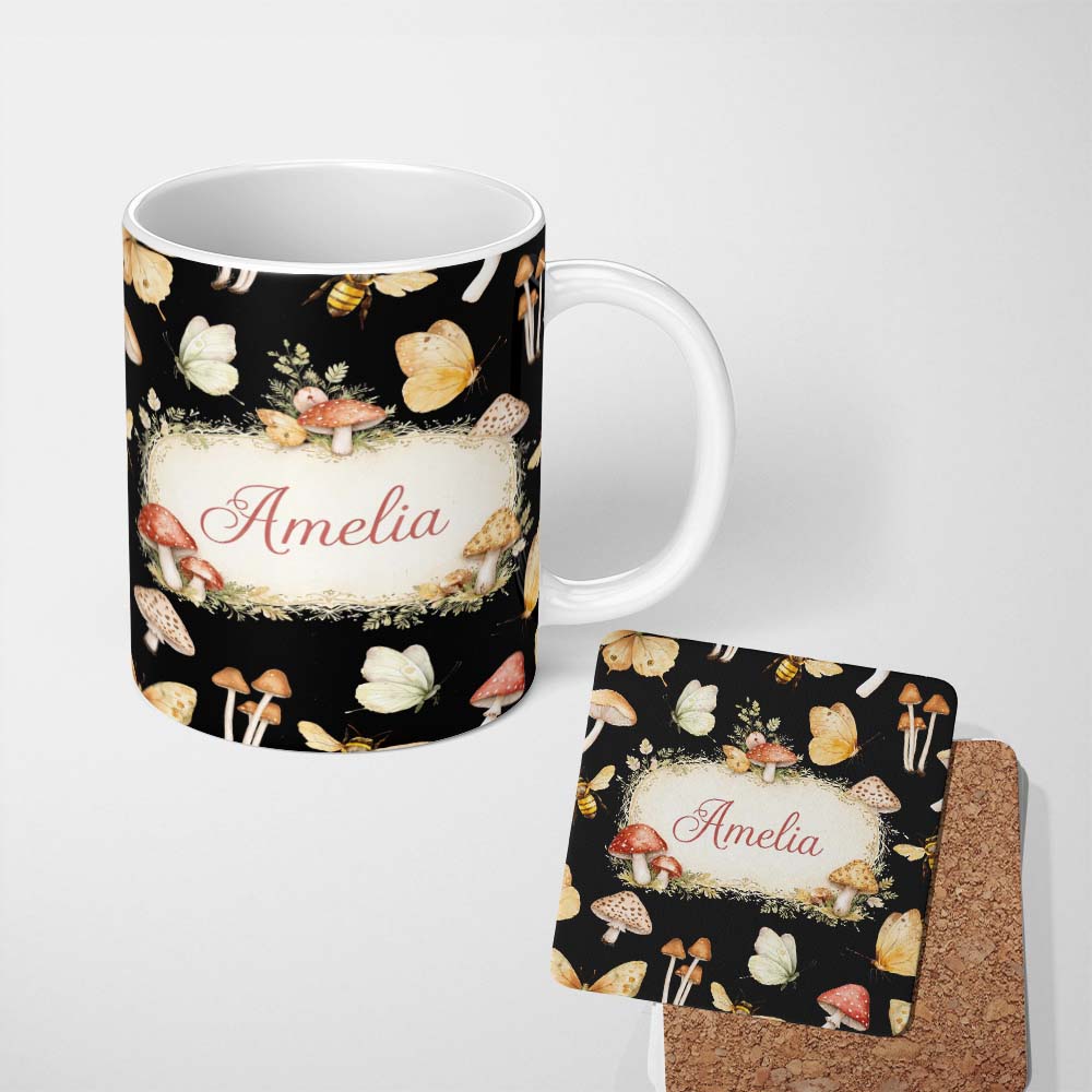Personalized Custom Name Pastel Watercolor Butterflies Black Background Seamless Pattern 11oz Ceramic Coffee Tea Mug White Large Handle