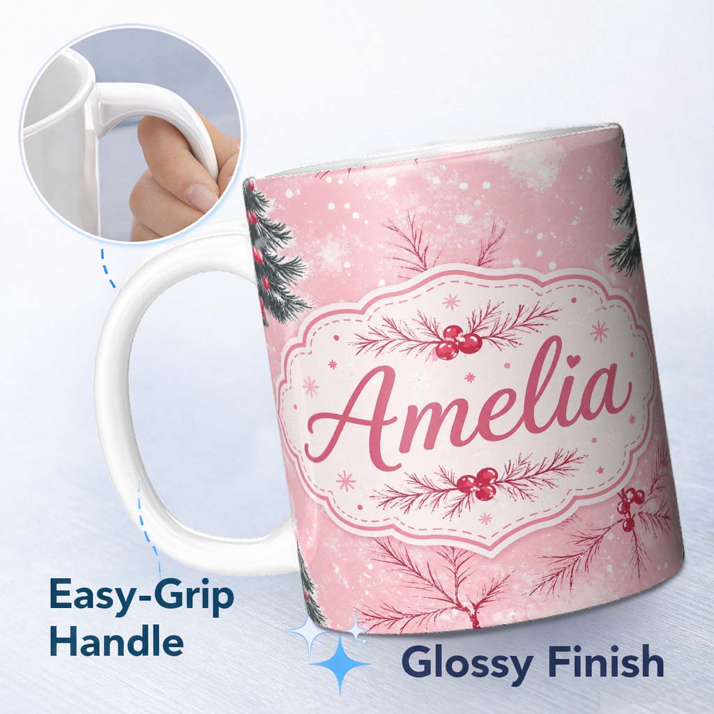 Personalized Custom Name Winter Berry Pine Branch Snow Seamless Pattern Thoughtful Gift Idea 11oz Ceramic Coffee Tea Mug White Large Handle