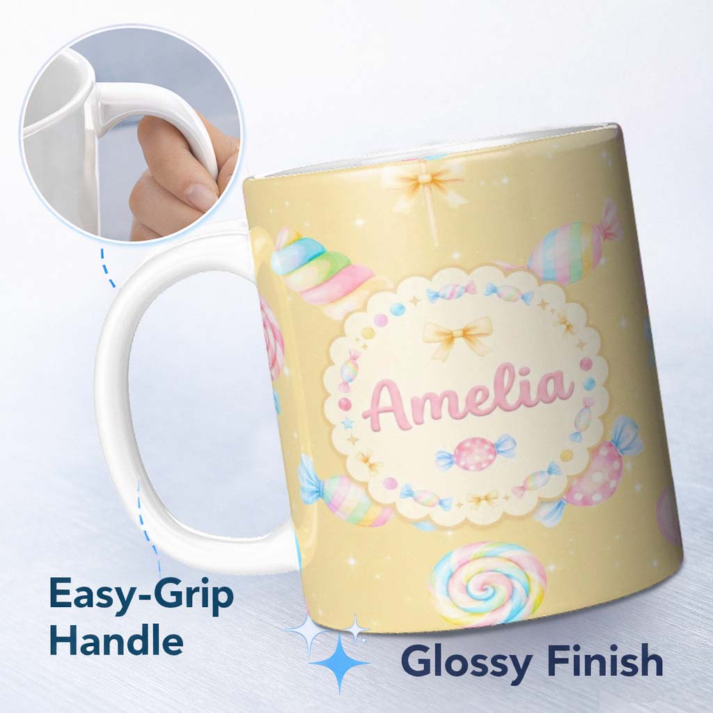 Personalized Custom Name Pastel Candy Sweet Treats Seamless Pattern Thoughtful Gift Idea 11oz Ceramic Coffee Tea Mug White Large Handle